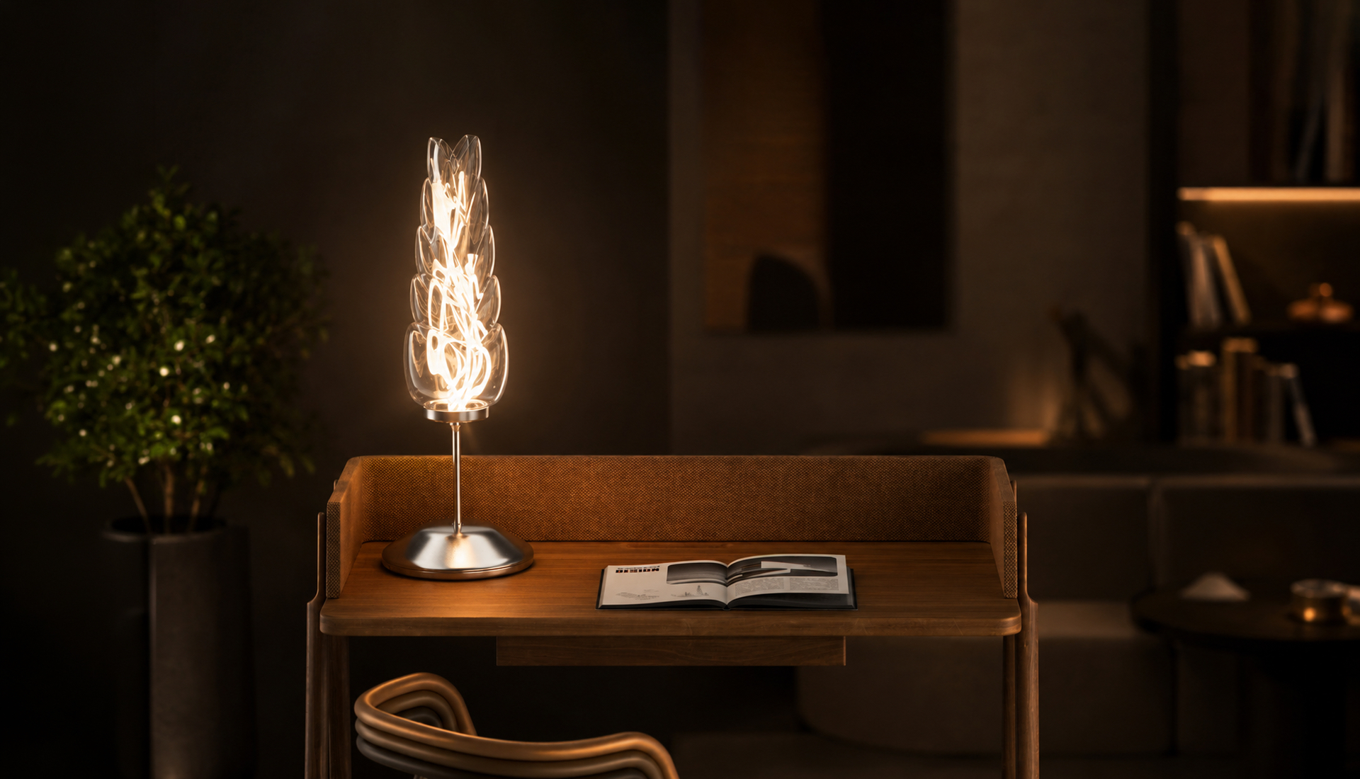 Yugoslavia Lamp illuminated on a walnut writing desk in a warm, cinematic interior