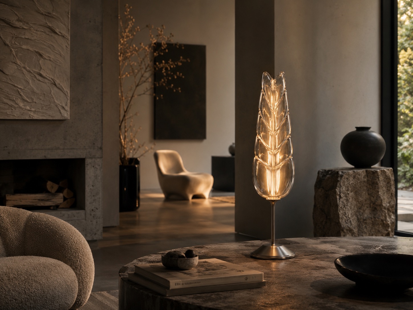 Yugoslavia Lamp glowing in a darker sculptural interior