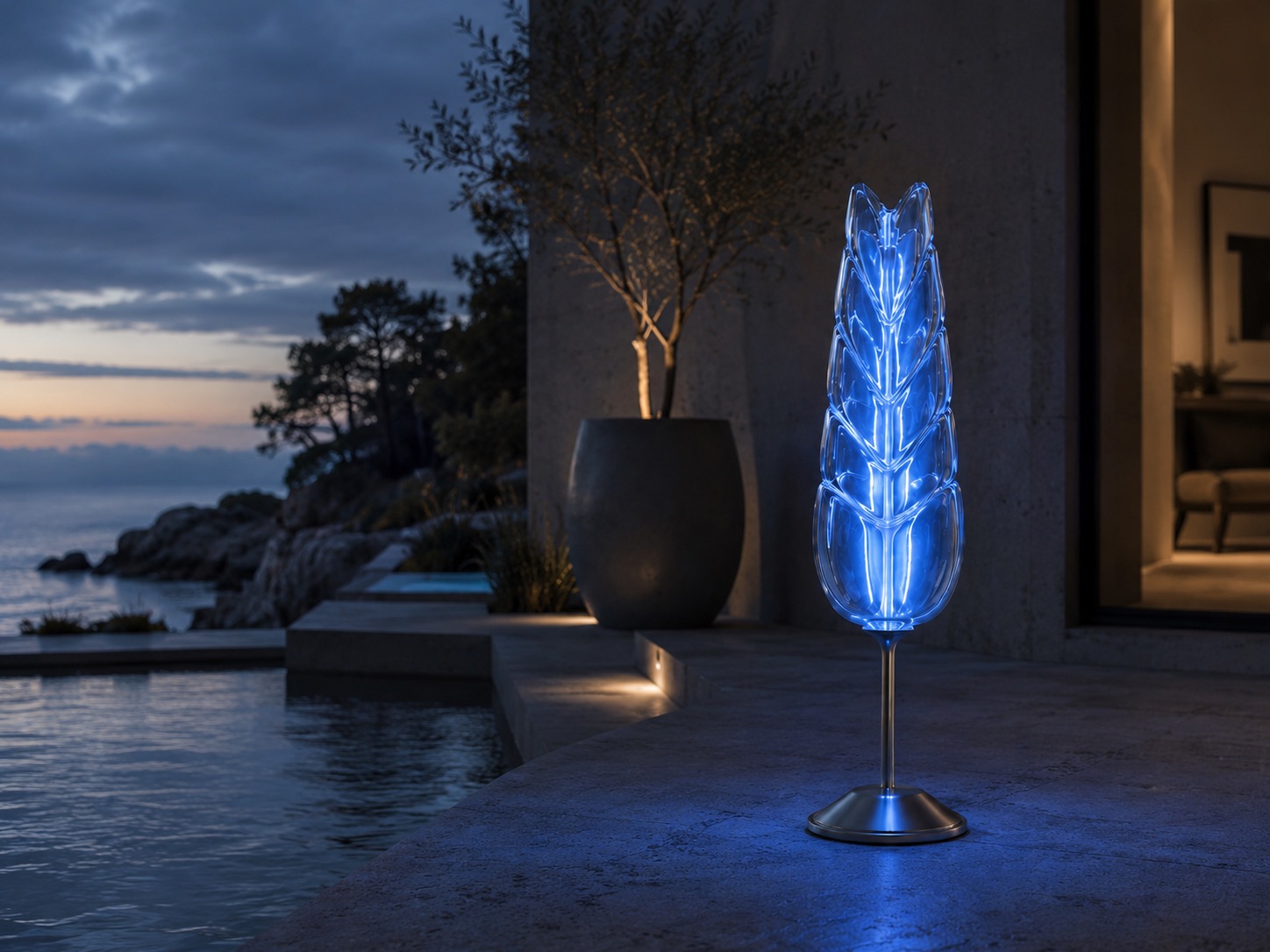 Yugoslavia Lamp in blue at dusk beside a pool with sea view