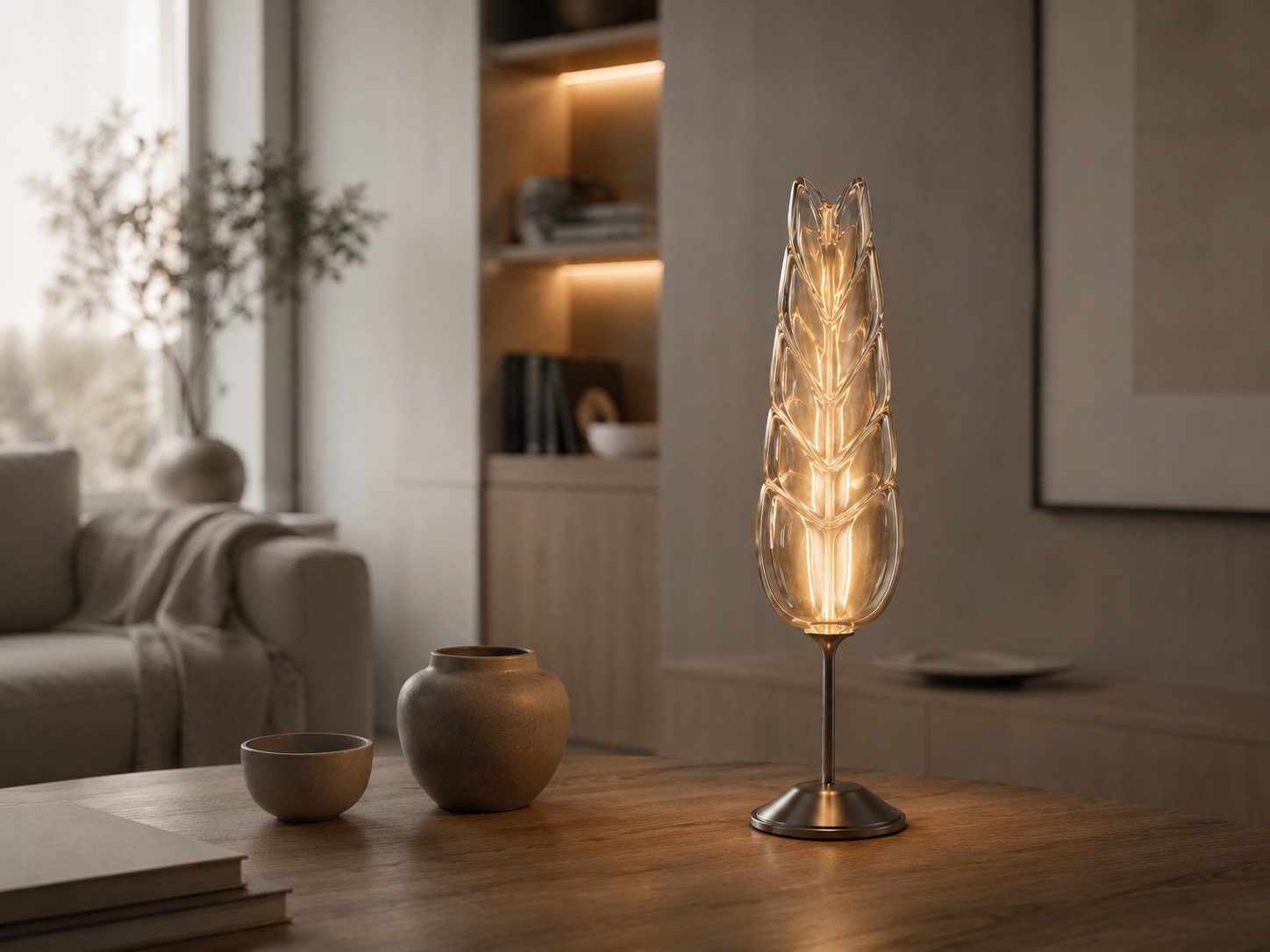 Yugoslavia Lamp on a wooden table in a warm minimalist living room