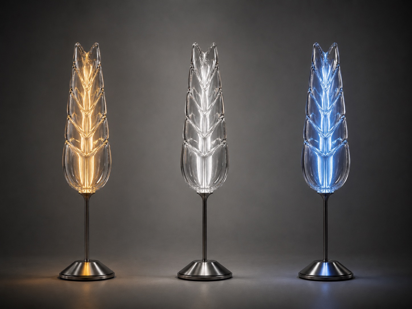 Three Yugoslavia Lamps illuminated in warm, neutral, and blue light